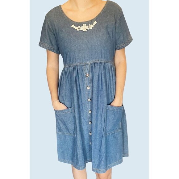 Vintage Cottage / Granny Core Blue Short Sleeve 80s 90s Dress Size M - Picture 1 of 7